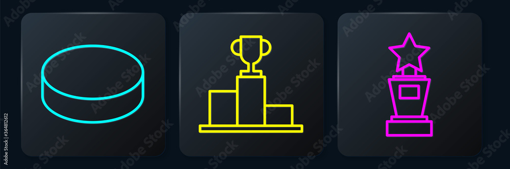 冰球、奖杯和冰球越过体育冠军领奖台。黑色方形按钮。矢量。