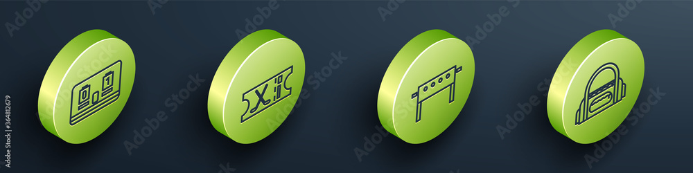 Set Isometric Hockey mechanical scoreboard, Hockey sports ticket, Hockey table and Sport bag icon. V