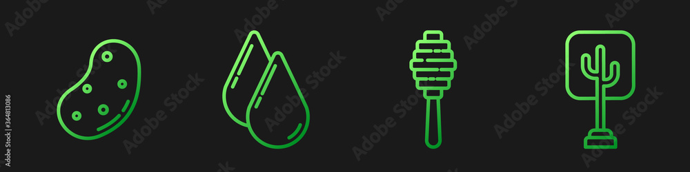 Set line Honey dipper stick, Potato, Water drop and Tree. Gradient color icons. Vector.