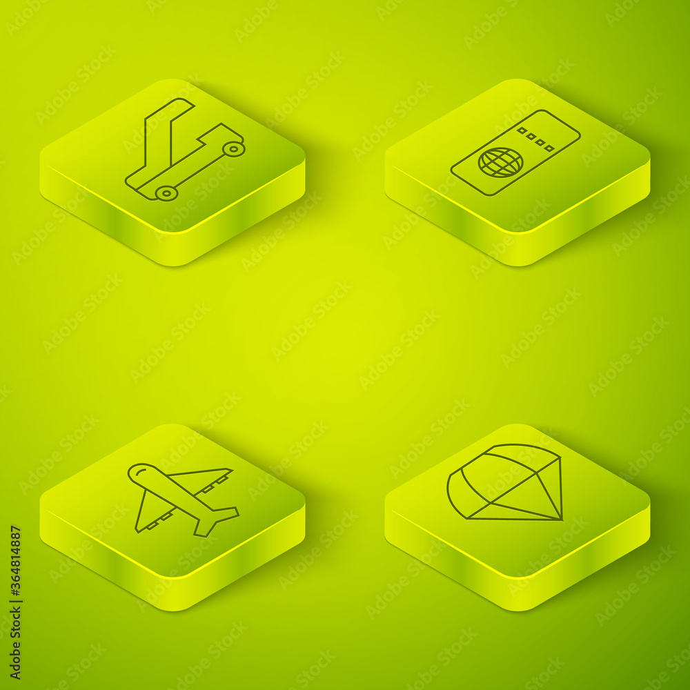 Set Isometric Airline ticket, Plane, Parachute and Passenger ladder for plane boarding icon. Vector.