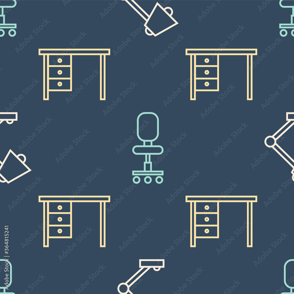 将台灯、办公桌和办公椅设置为无缝图案。矢量。