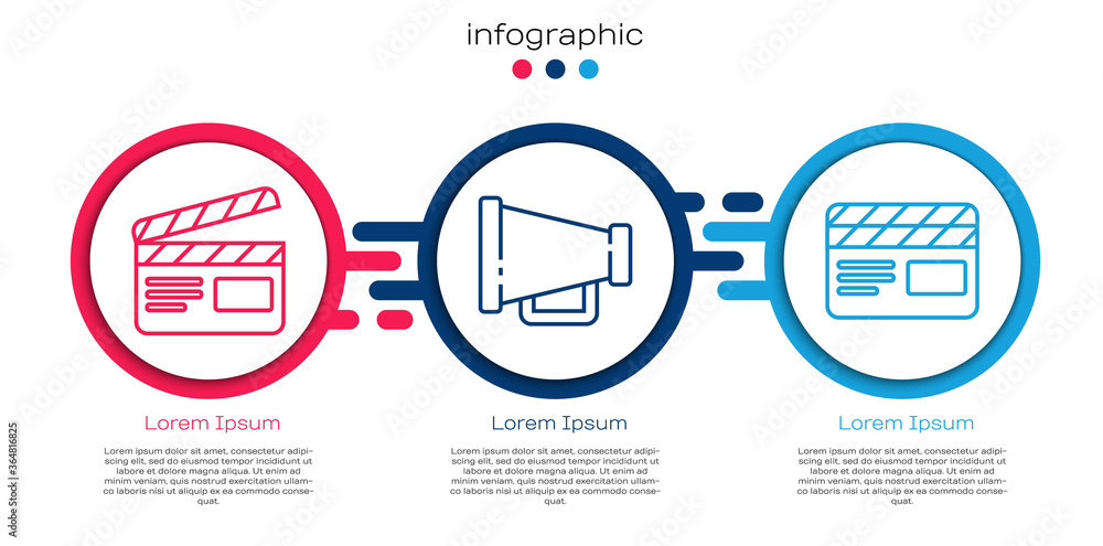 设置线路电影拍板、扩音器和电影拍板。商业信息图模板。矢量。