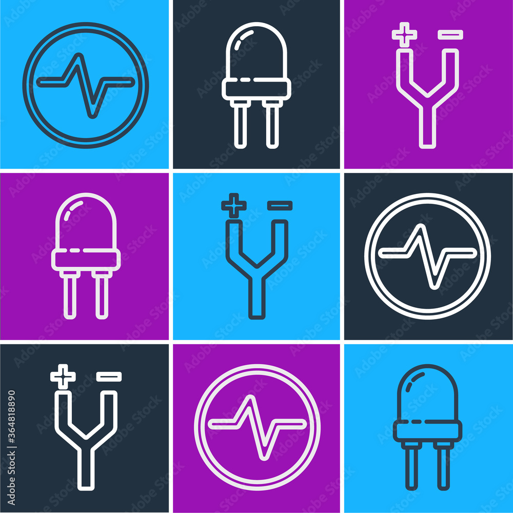 Set line Electric circuit scheme, Electric cable and Light emitting diode icon. Vector.