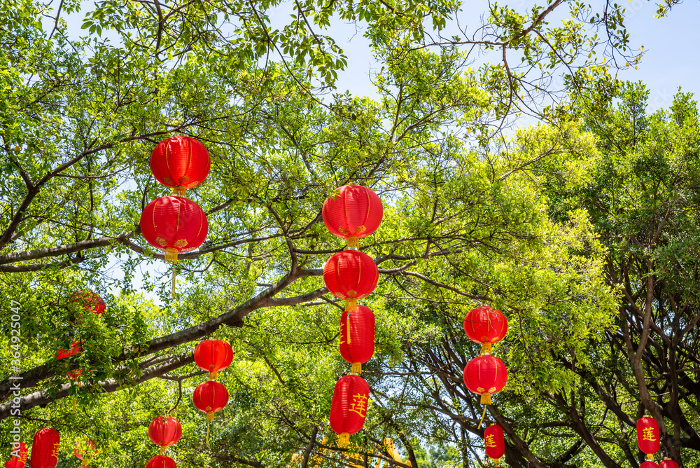 Red lanterns are hung in Lianhuashan Park, Panyu, Guangzhou, China