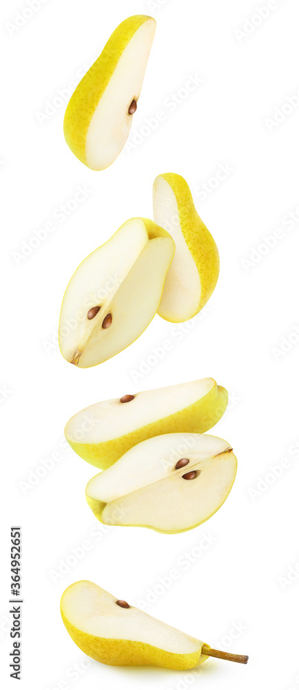 Isolated pear pieces in the air. Falling slices of yellow pears isolated on white background