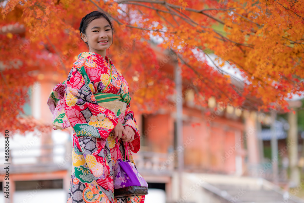 日本京都，秋天穿着日本和服和红叶的美丽亚洲年轻女子。日本