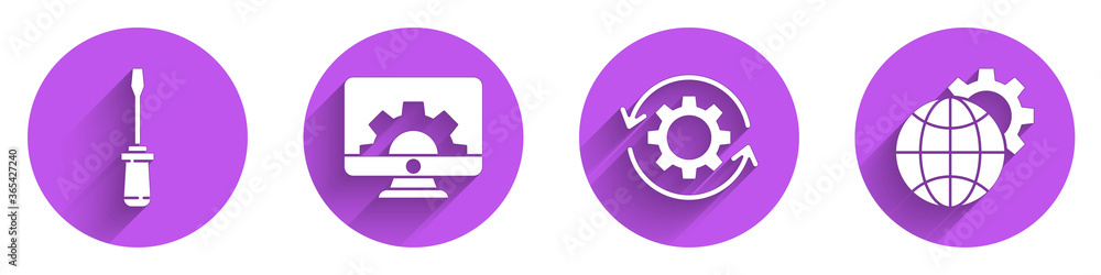 Set Screwdriver, Computer monitor and gear, Gear and arrows as workflow and Globe of the Earth and g