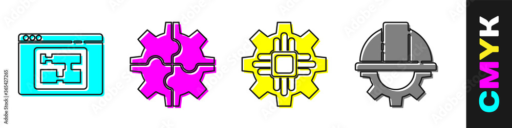 设置房屋平面图、装备、处理器和工人安全帽和装备图标。矢量。