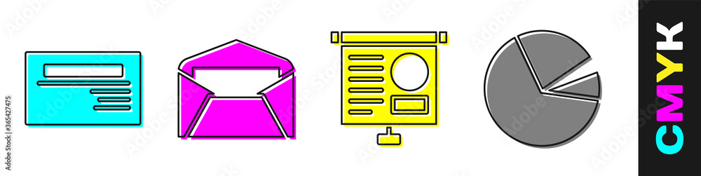 设置名片、信封、带图表和饼图信息图图标的黑板。矢量。