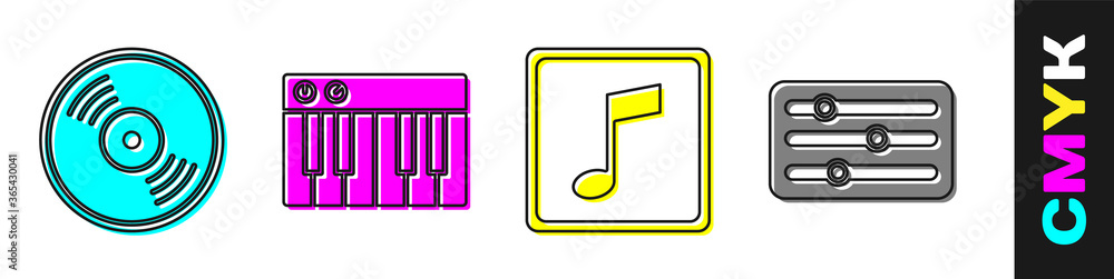 设置乙烯基唱片、音乐合成器、音符、音调和混音器控制器图标。矢量。
