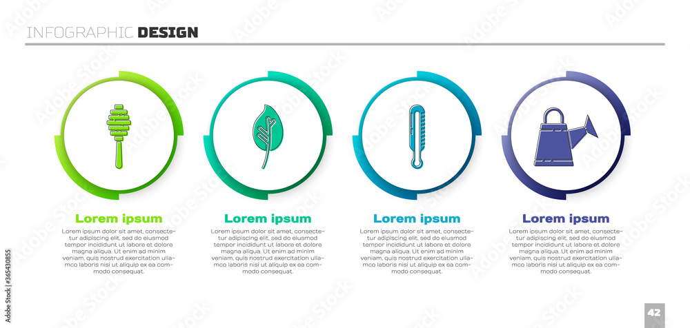 设置蜂蜜斗杆、树叶、气象温度计和浇水罐。商业信息图
