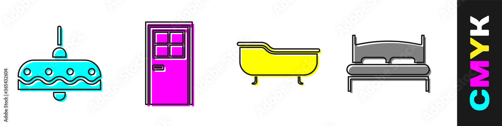 设置吊灯、闭门、浴缸和大床图标。矢量。