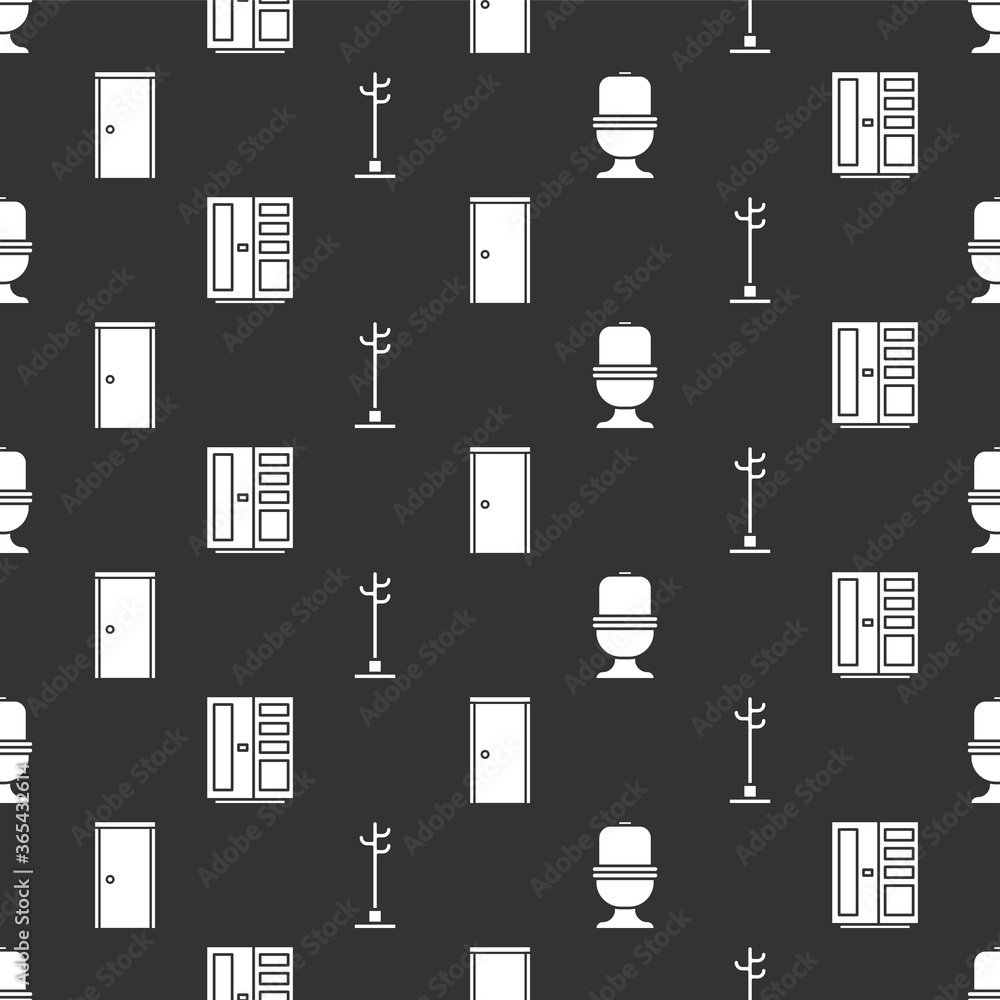 将抽水马桶、衣柜、闭门和衣帽架设置在无缝图案上。矢量。