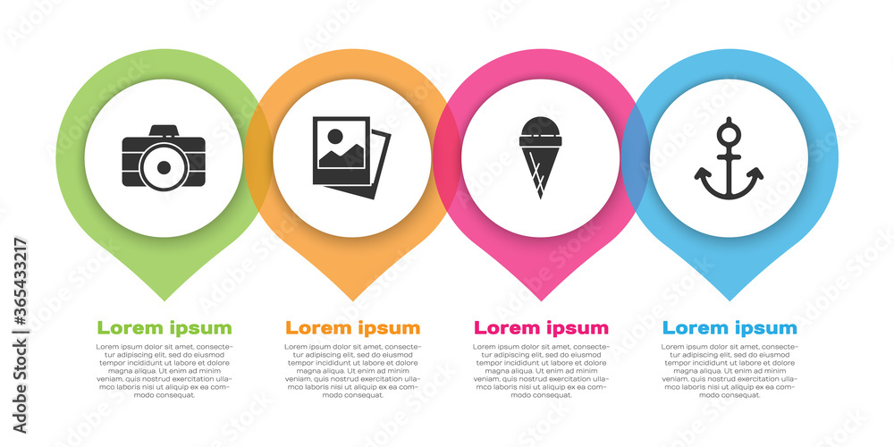 设置照片相机，照片，华夫饼蛋筒冰淇淋和锚。商业信息图模板。矢量。