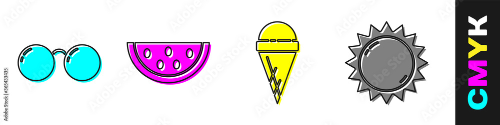 Set Glasses, Watermelon, Ice cream in waffle cone and Sun icon. Vector.