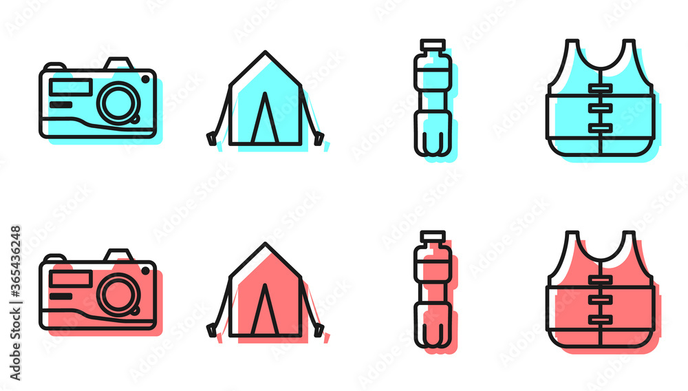 设线水瓶、相机、旅游帐篷和救生衣图标。矢量。