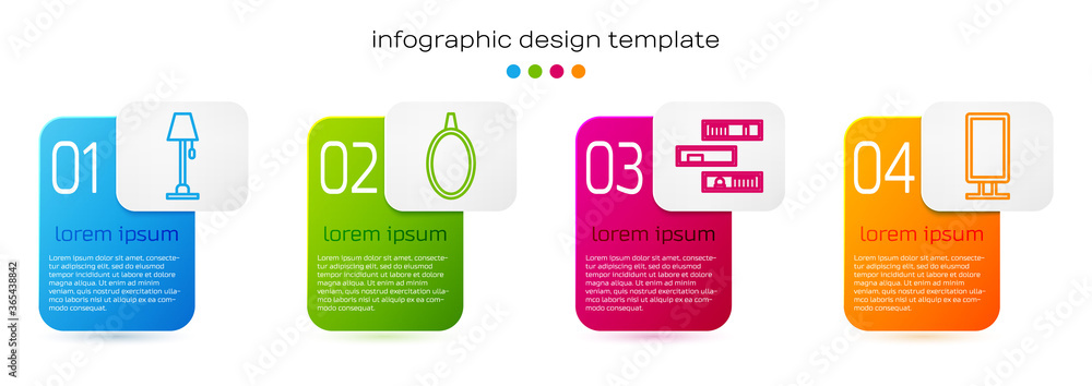 设置线落地灯、镜子、书架、书籍和大的全长镜子。商务信息图templ