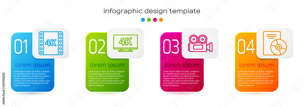 Set line 4k movie, tape, frame, Screen tv with 4k, Cinema camera and CD or DVD disk. Business infogr