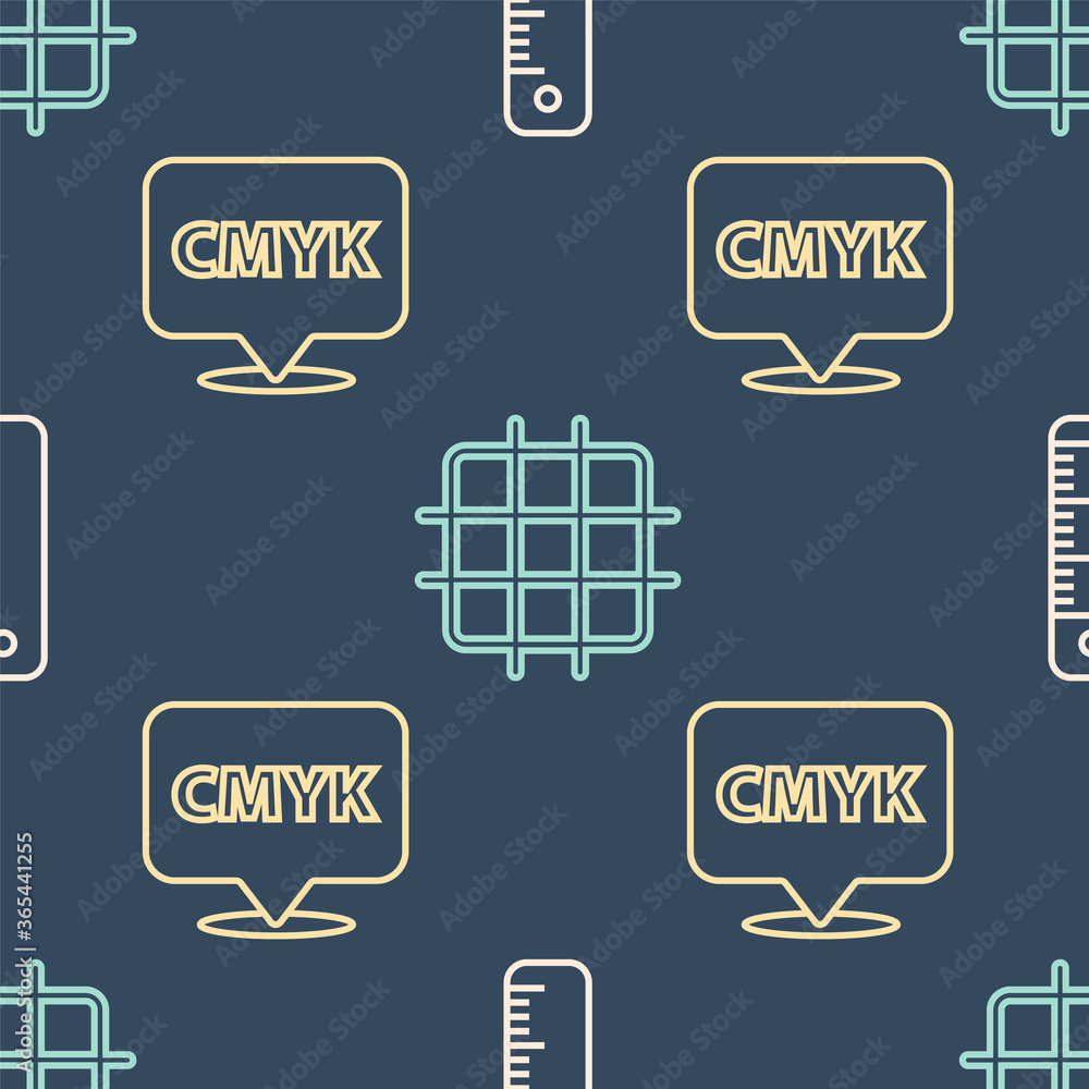 在无缝图案上设置线条标尺、带文本CMYK的语音气泡和网格图纸张。矢量。