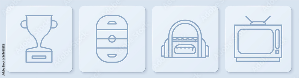设线奖奖杯，运动包，冰球场和复古电视。白色方形按钮。矢量。