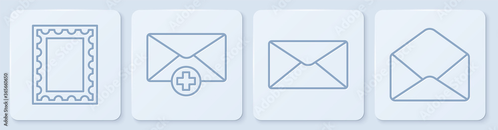 Set line Postal stamp, Envelope, Received message concept and Envelope. White square button. Vector.