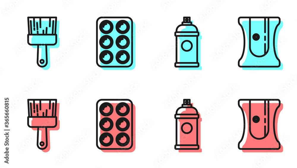 Set line Paint spray can, Paint brush, Watercolor paints in box and Pencil sharpener icon. Vector.