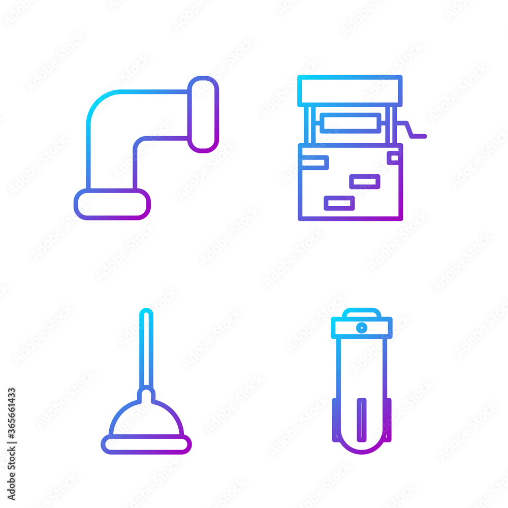 设置线滤水器，橡胶柱塞，工业金属管和井。渐变色图标。矢量