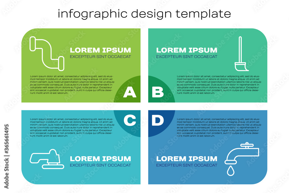 设置线水龙头，工业金属管，水龙头和拖把。商业信息图模板。矢量