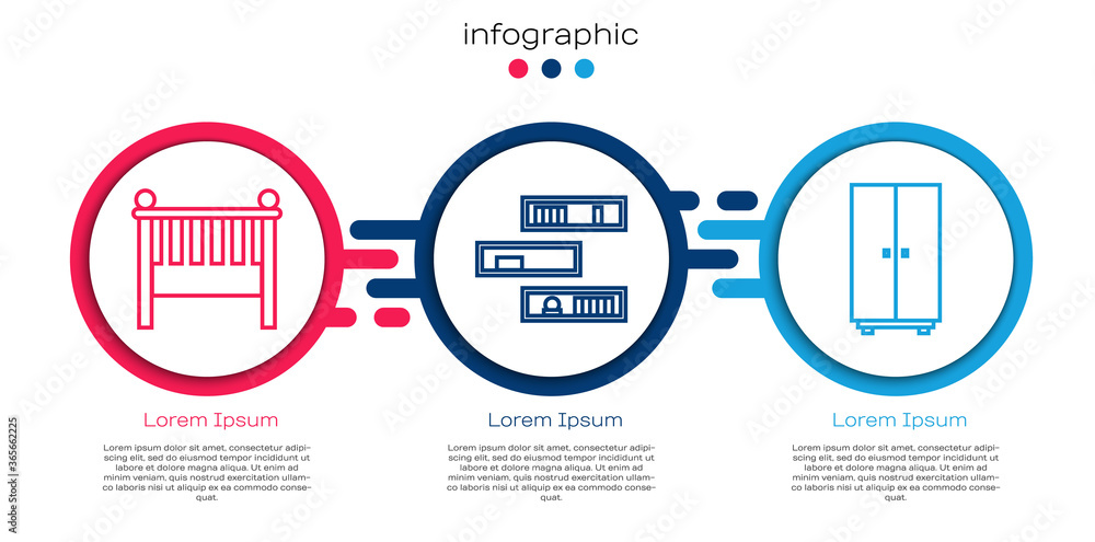 婴儿床摇篮床、书架、书籍和衣柜。商业信息图模板。矢量。