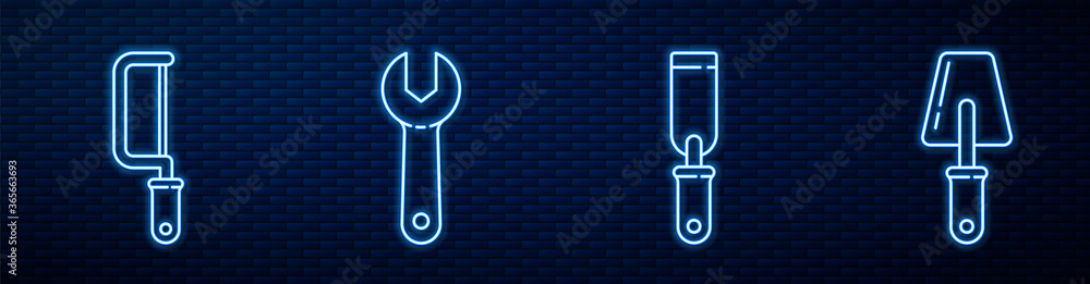 Set line Rasp metal file, Hacksaw, Wrench spanner and Trowel. Glowing neon icon on brick wall. Vecto