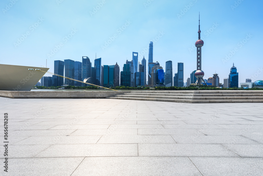 Empty floor and modern city skyline with buildings in Shanghai,China.