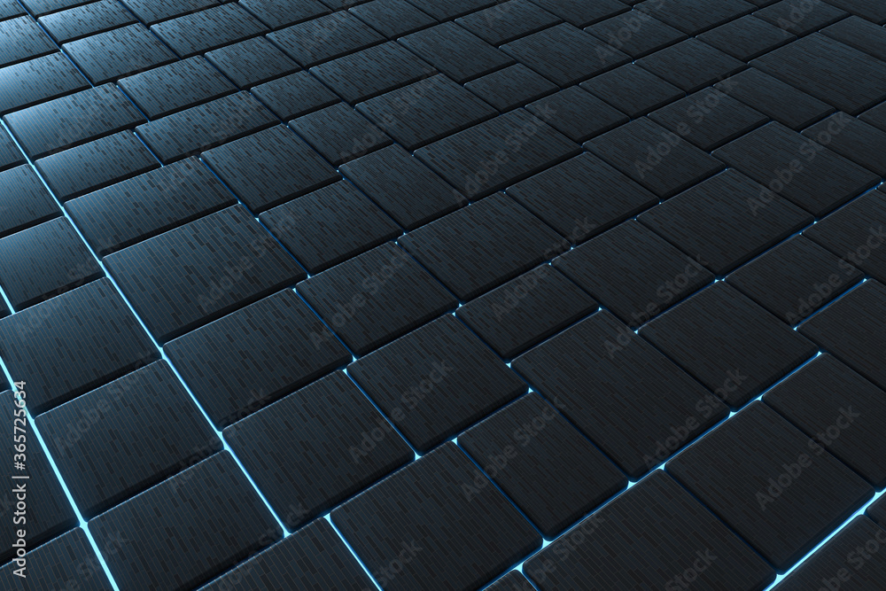 Tile cubes with glowing lines gap, 3d rendering.