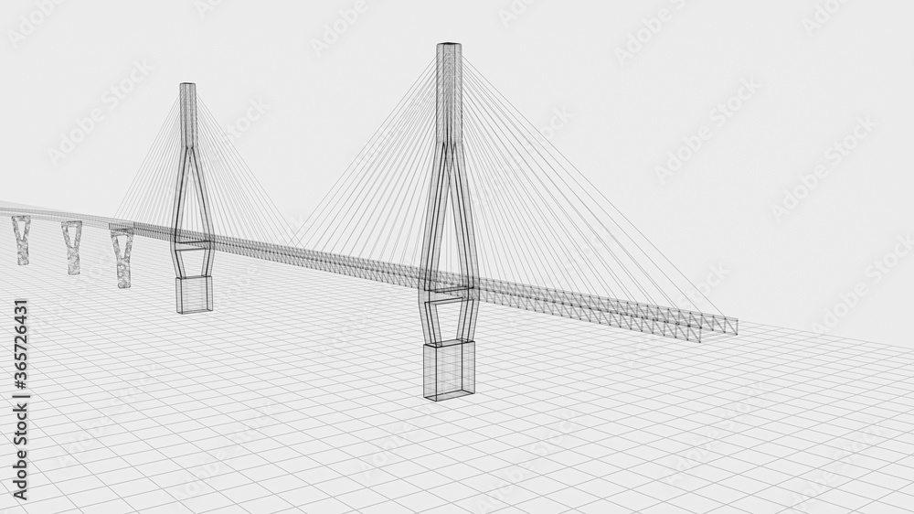 Sketch lines of suspension bridge, 3d rendering.