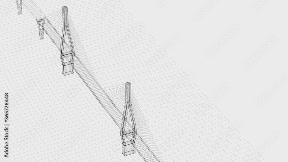 Sketch lines of suspension bridge, 3d rendering.