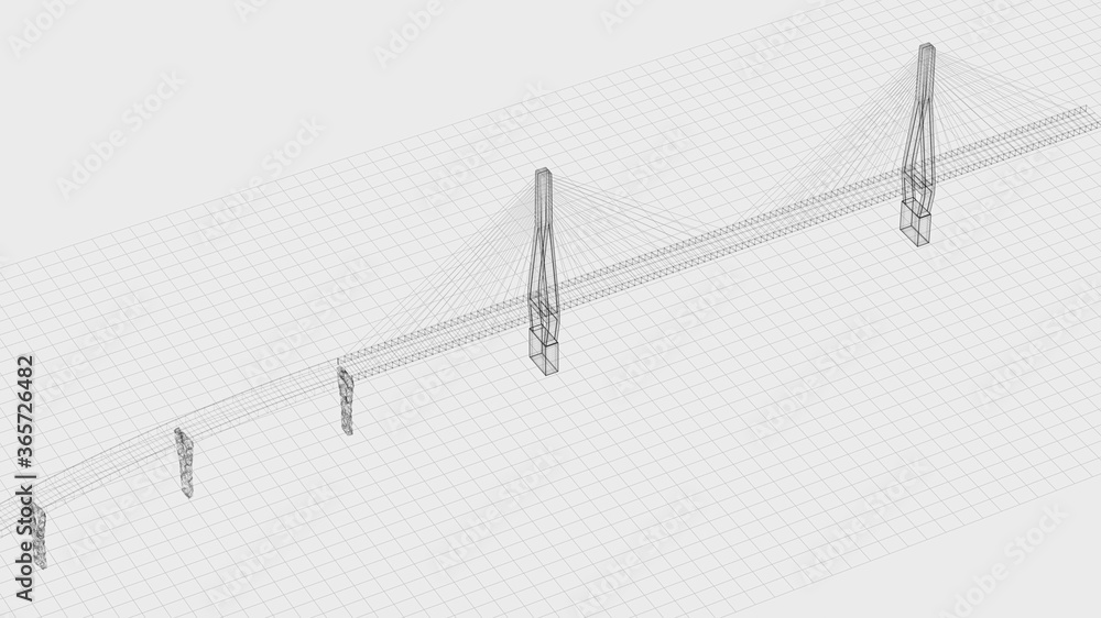 悬索桥的草图线，三维渲染。