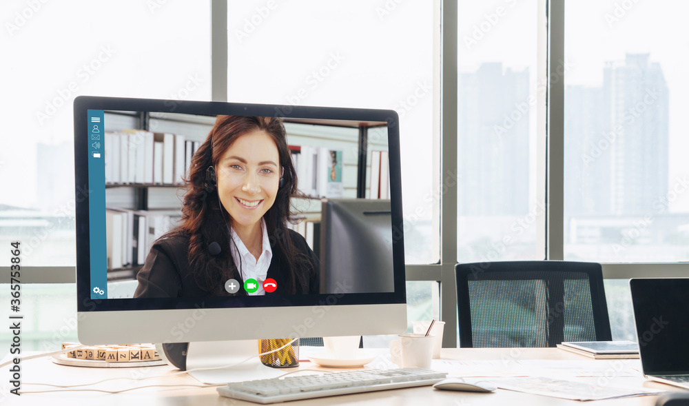 Video call business people meeting on virtual workplace or remote office. Telework conference call u