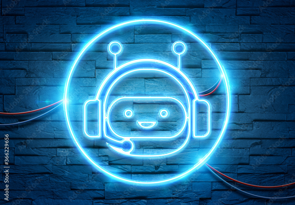 Chatbot neon icon illuminating a brick wall with blue and pink glowing light 3D rendering