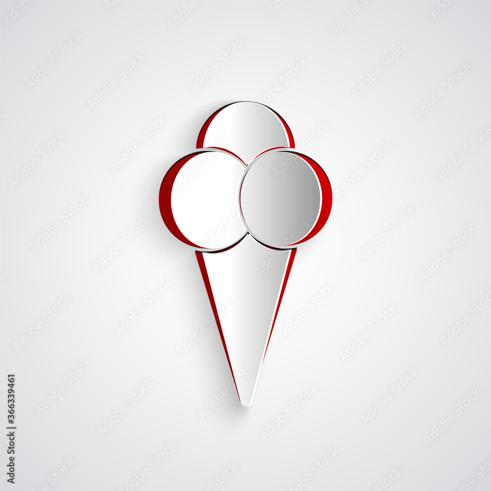 Paper cut Ice cream in waffle cone icon isolated on grey background. Sweet symbol. Paper art style. 