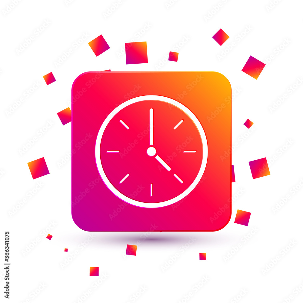 White Clock icon isolated on white background. Time symbol. Square color button. Vector Illustration