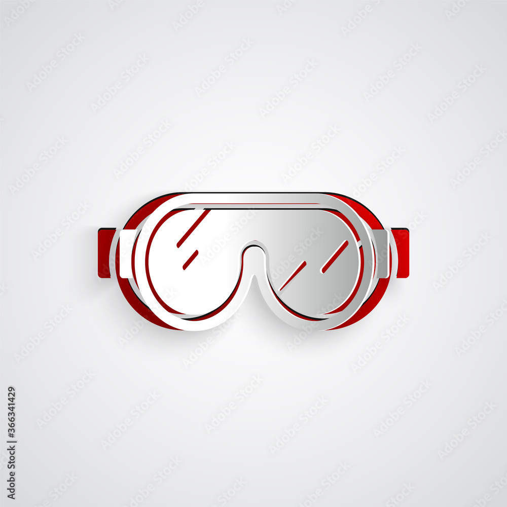 Paper cut Ski goggles icon isolated on grey background. Extreme sport. Sport equipment. Paper art st