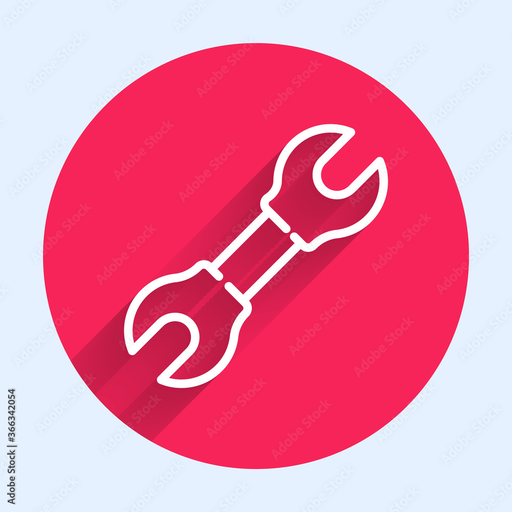 White line Wrench spanner icon isolated with long shadow. Red circle button. Vector Illustration.