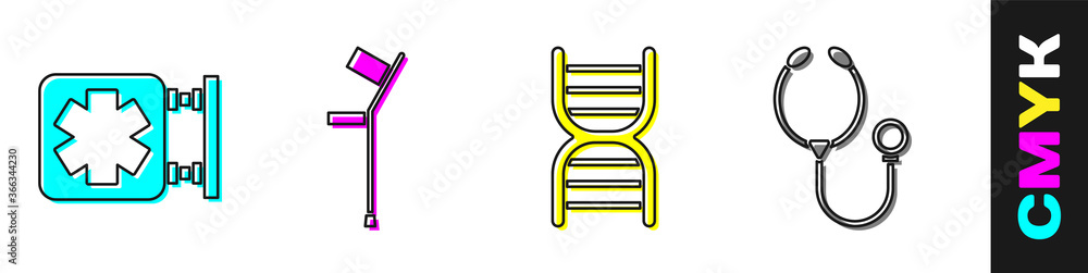 设置急救医疗符号、拐杖或拐杖、DNA符号和听诊器图标。矢量。