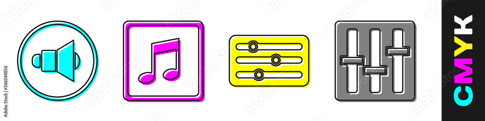 设置扬声器音量、音符、音调、混音器控制器和混音器控制器图标。矢量