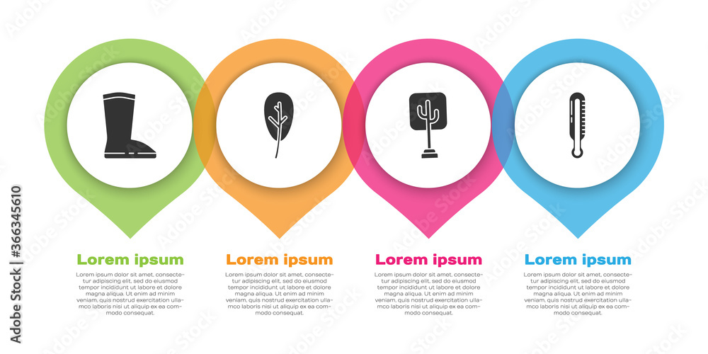 设置防水橡胶靴、树叶或树叶、树木和气象温度计。商业信息图t