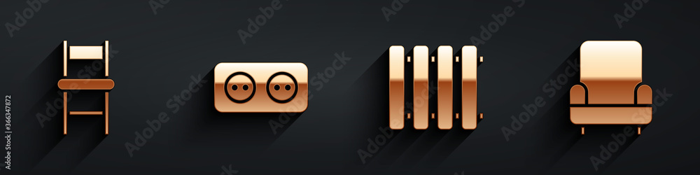 Set Chair, Electrical outlet, Heating radiator and Armchair icon with long shadow. Vector.