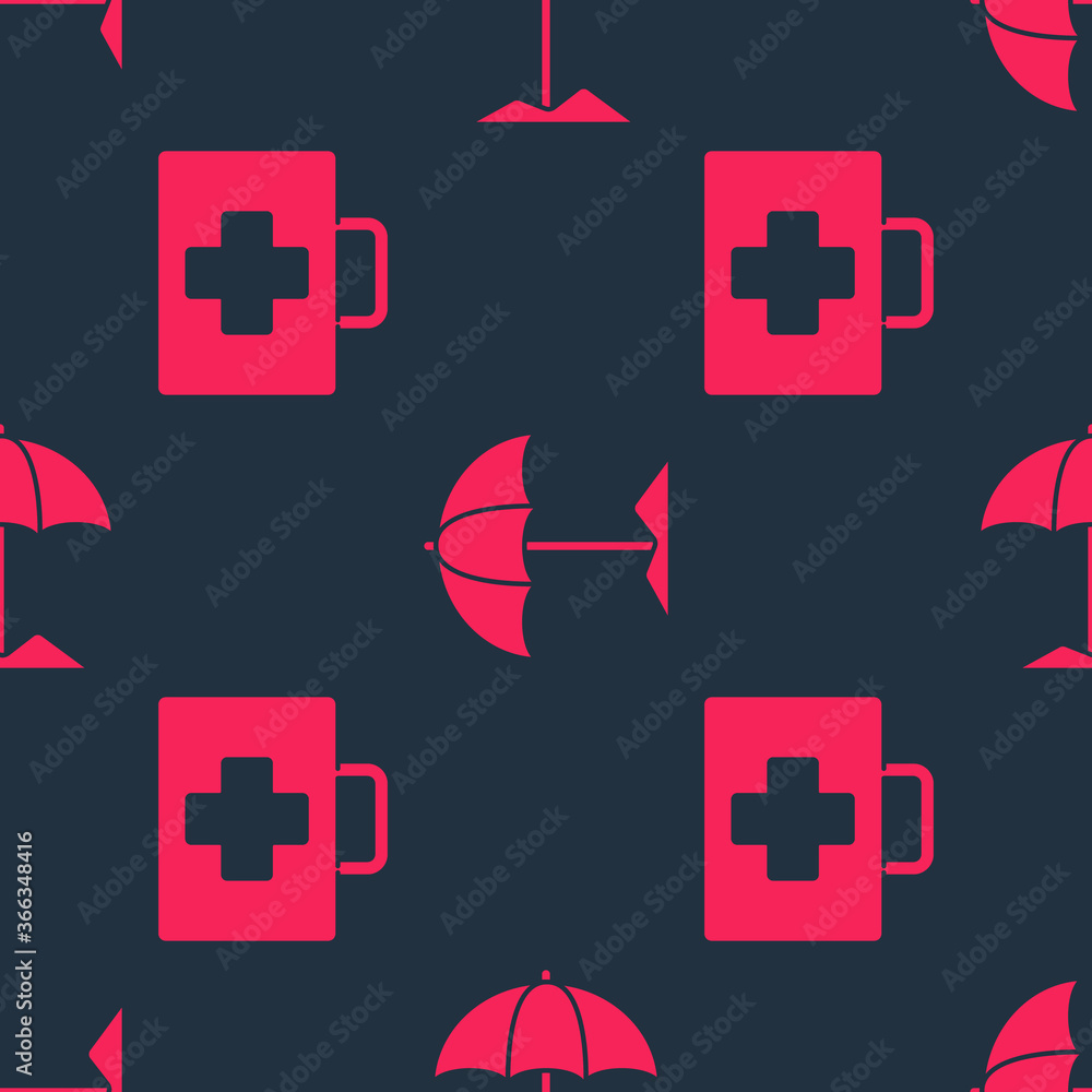 Set First aid kit and Sun protective umbrella for beach on seamless pattern. Vector.