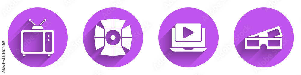 设置复古电视、电影聚光灯、在线播放视频和带长阴影的3D影院眼镜图标。矢量