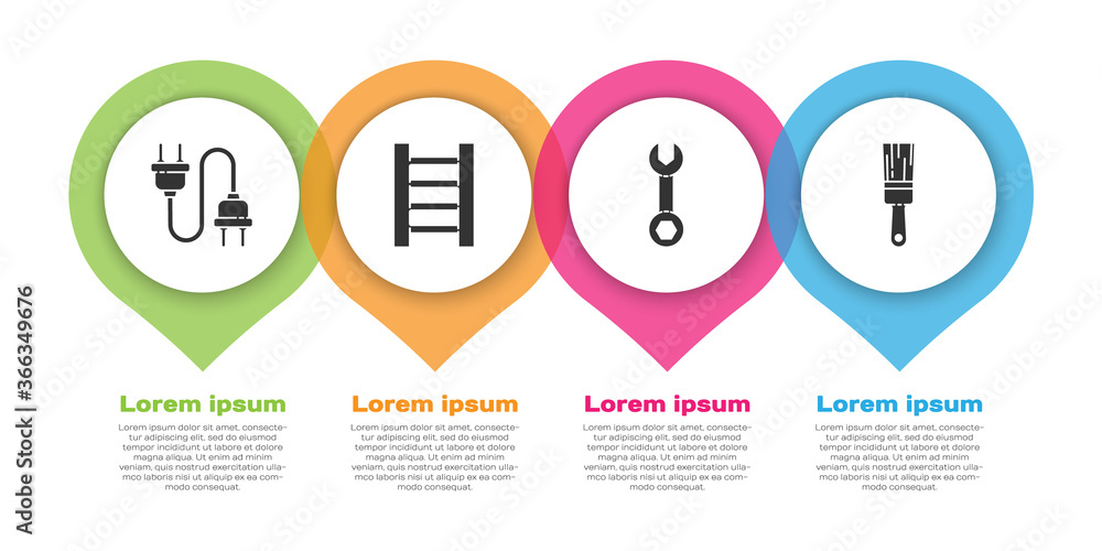 设置电插头、木楼梯、扳手和油漆刷。商业信息图模板。