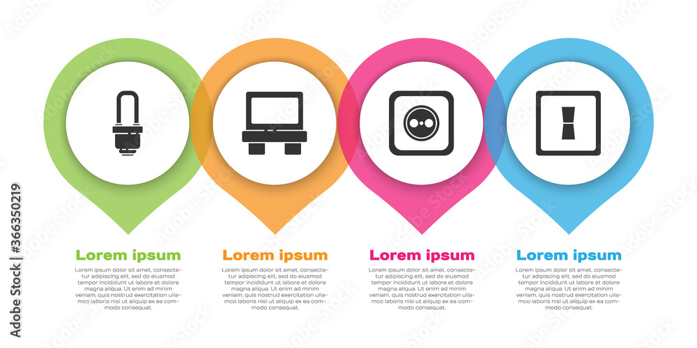 设置LED灯泡、保险丝、电源插座和电灯开关。商业信息图模板
