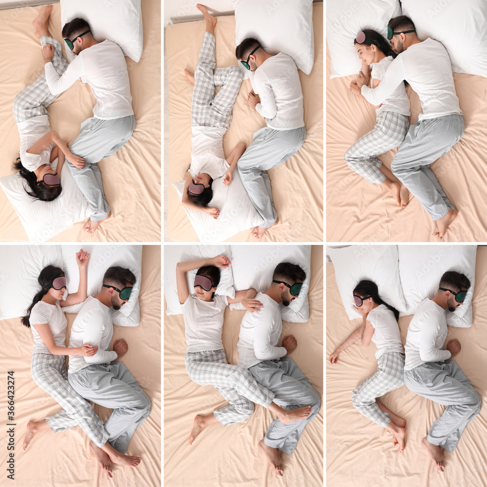 Young couple sleeping in different positions on bed, top view